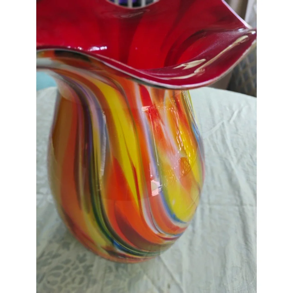 Krosno Jozefina Art Glass Red Orange Multicolor Hand Blown Vase Poland